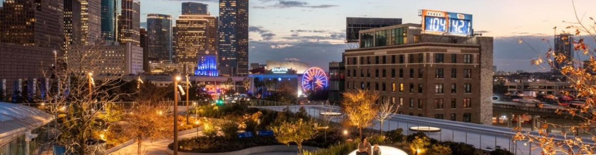 Sunset view of Houston skyline showcasing cultural districts