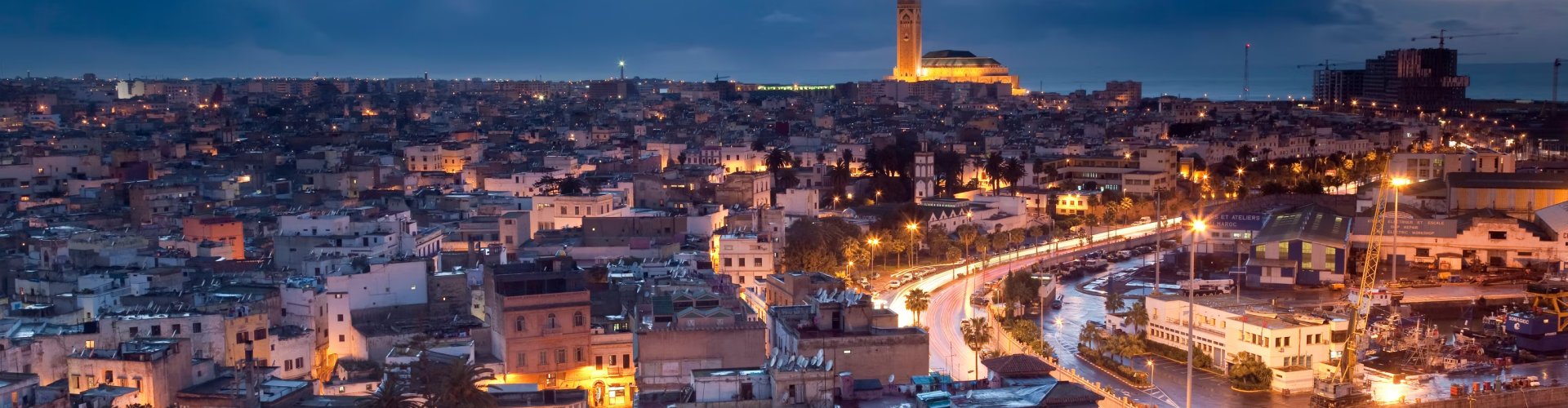 Casablanca, MA historic skyline at sunset