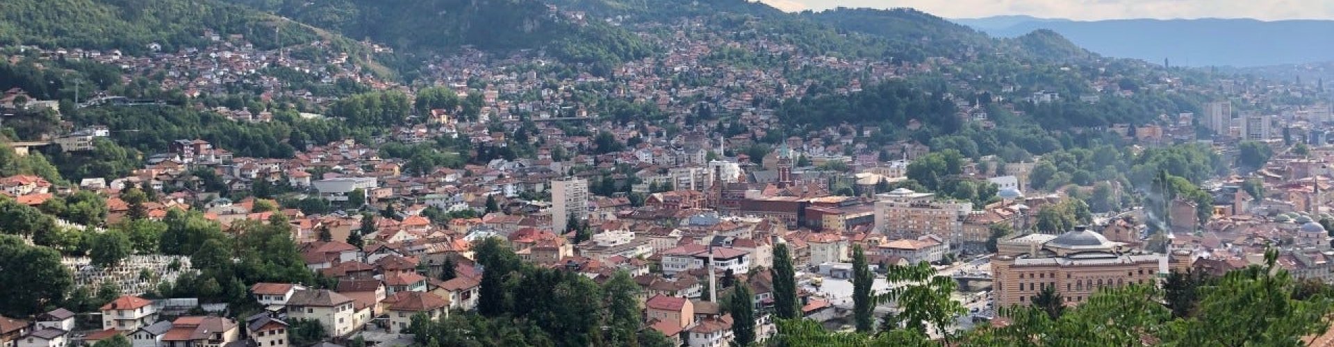 View over Sarajevo skyline at sunset